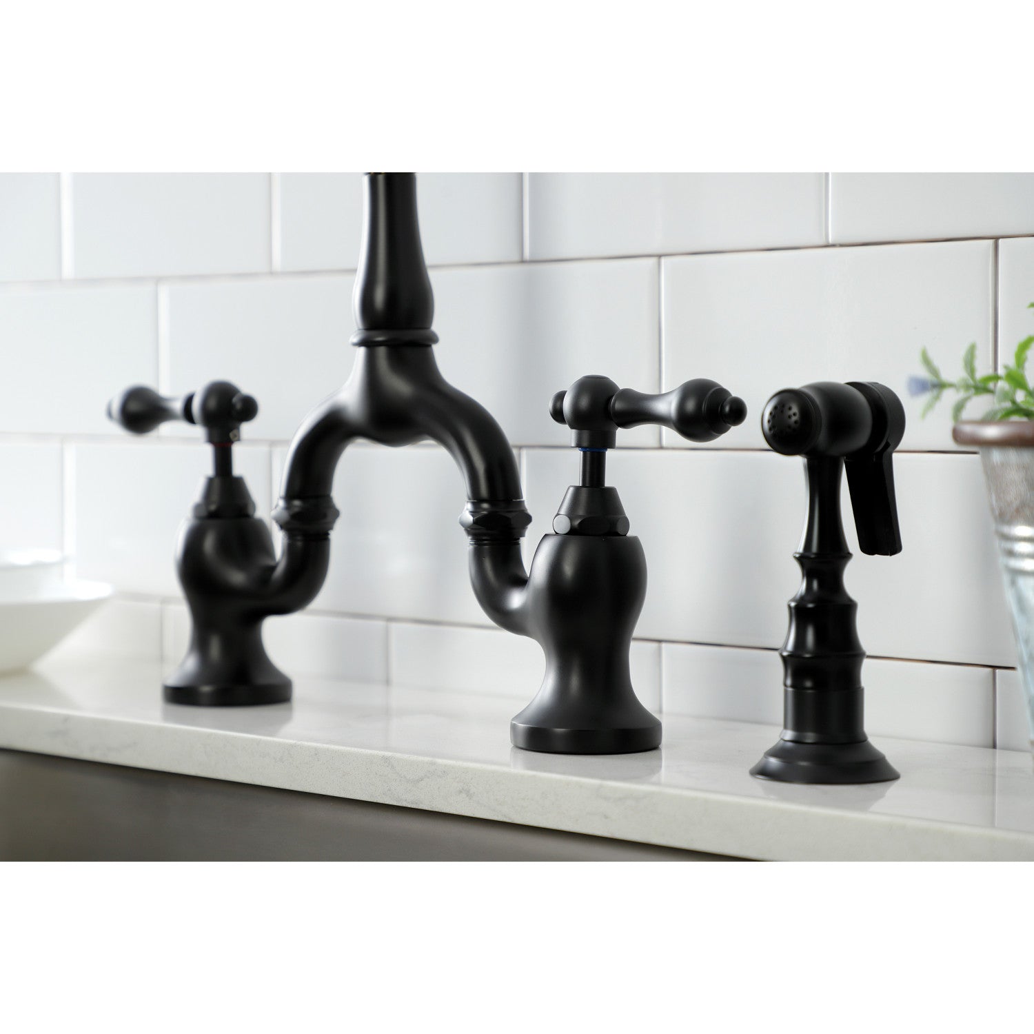 Kingston Heirloom KS7750ALBS - English Country Two-Handle 3-Hole Deck Mount Bridge Kitchen Faucet with Brass Sprayer, Matte Black — thumbnail 3